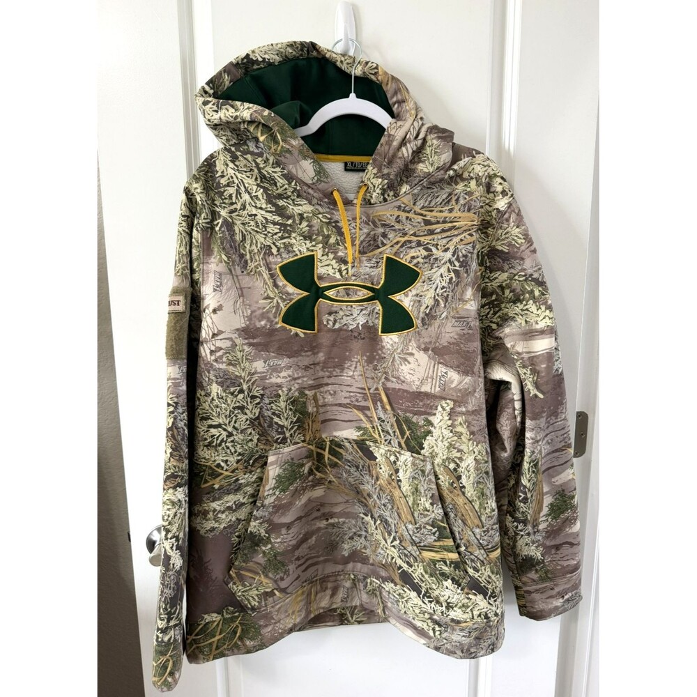 Under Armour Men's Camo Realtree Brown Fleece Logo Hunting Hoodie XL arm patch